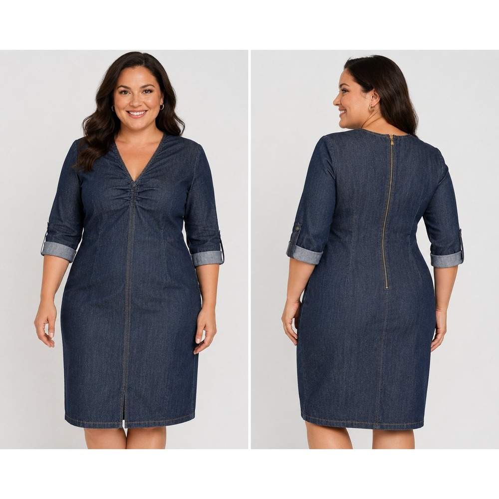 Full Blue The Collection Denim Sheath Dress 14W Dark Blue V-Neck Roll Tab Sleeve